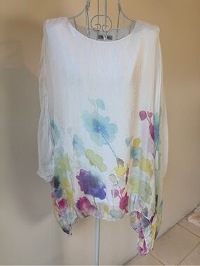 Elena Baldi Italy 100% Silk Floral Watercolor Oversized Tunic Blouse Size L
